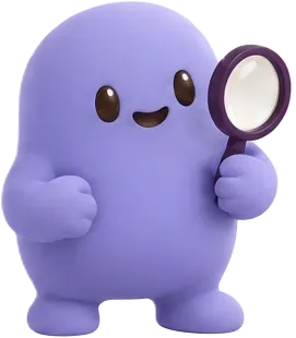 The purple mascot searches with a magnifying glass