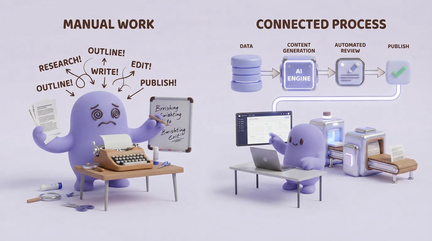 AI content writer workflow: manual work versus a connected process
